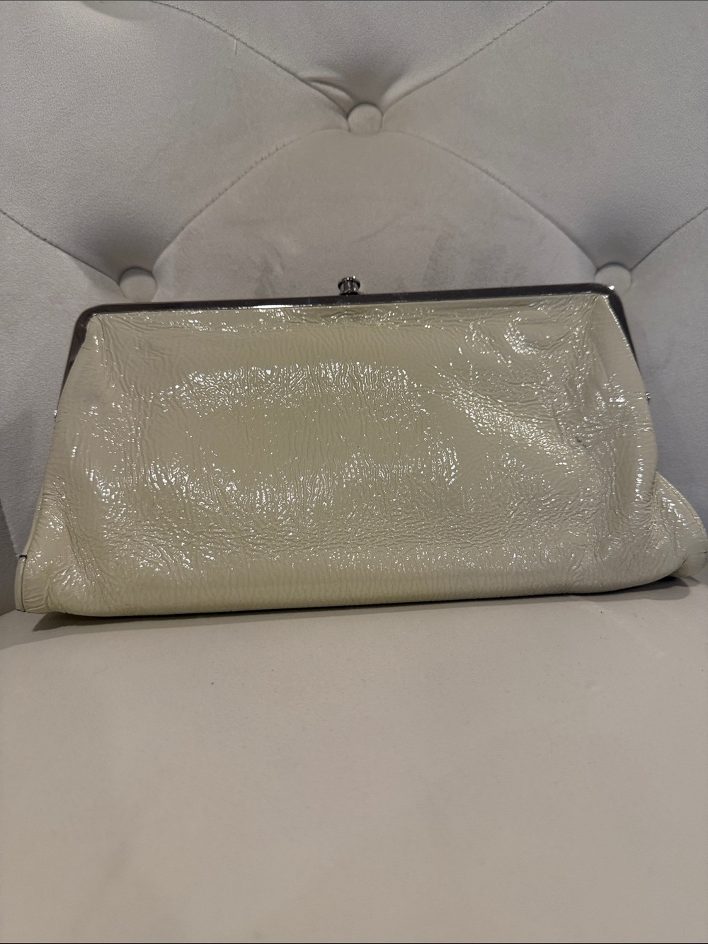 Elegant HONO Cream Patent Frame Clutch